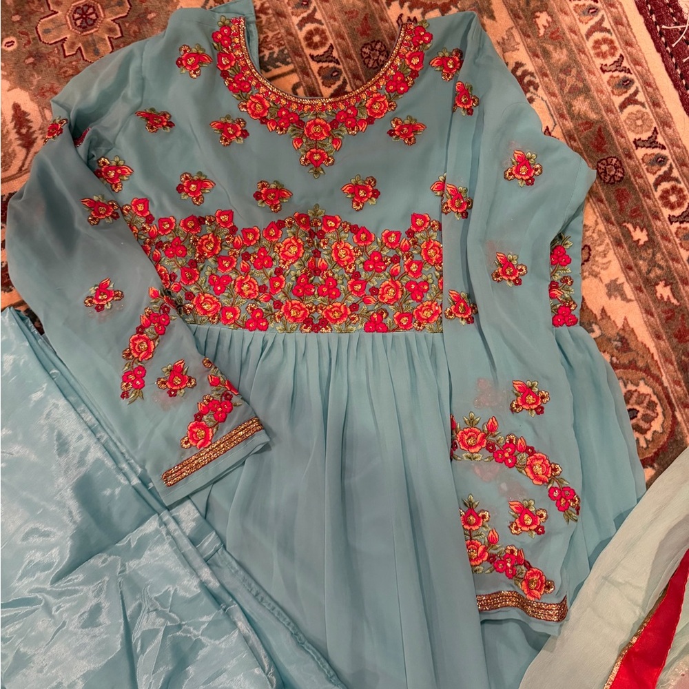 Teal Dress with Red Embroidery Pakistani Maxi